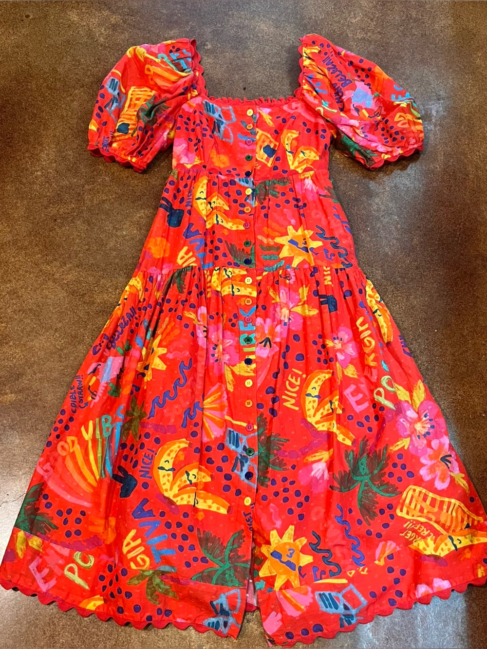 Farm Rio Red Painterly Print Puff-Sleeve Dress